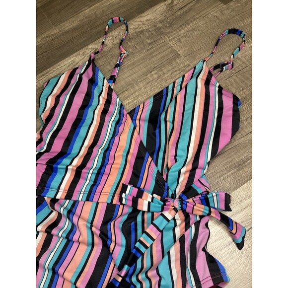 Dip Y2K Style Swim Striped One Piece Bathing Suit Size M Multicolor V-Neck - Picture 2 of 6